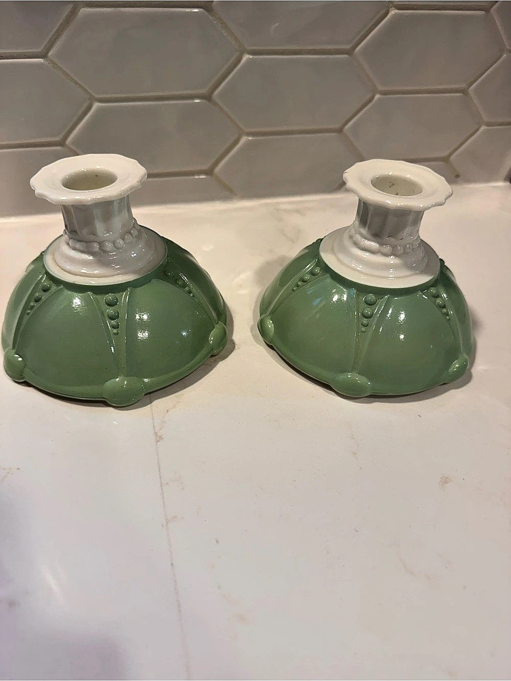 Vtg anchor hocking Green & White Candle Holders Pair